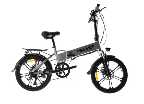 Bicicleta Electrica Pliabila Silvis 20 Gri Metalic 350 W 7 Viteze Shimano Rulare full electric sau pedalare asistata 25km/h Baterie 10 4AH